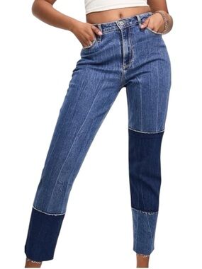 Hollister High Rise MOM Jeans Two Tone Blue Patch Work Effect Ankle Sz 30/25 NWT